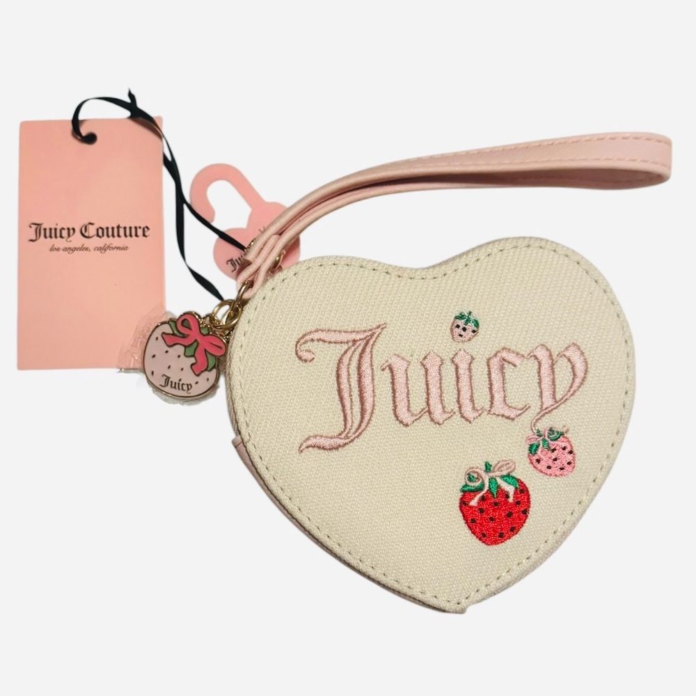 Juicy Couture Cream Heart Wristlet with Pink Trim & Strawberry Embroidery